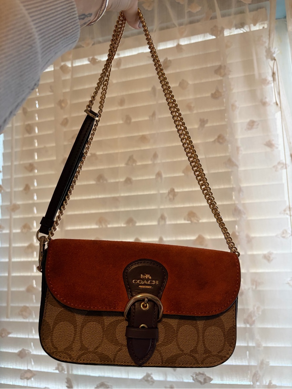 Coach Brown Suede & Signature Canvas Crossbody with Gold Chain